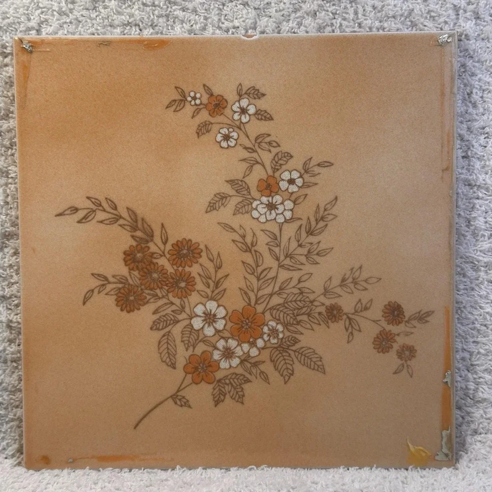 Vintage Tile 6x6‎ Beige with Orange and White Flowers Made in Italy